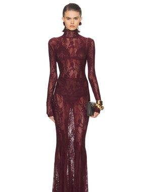 Sheer Lace Long-Sleeve Maxi Dress - Burgundy